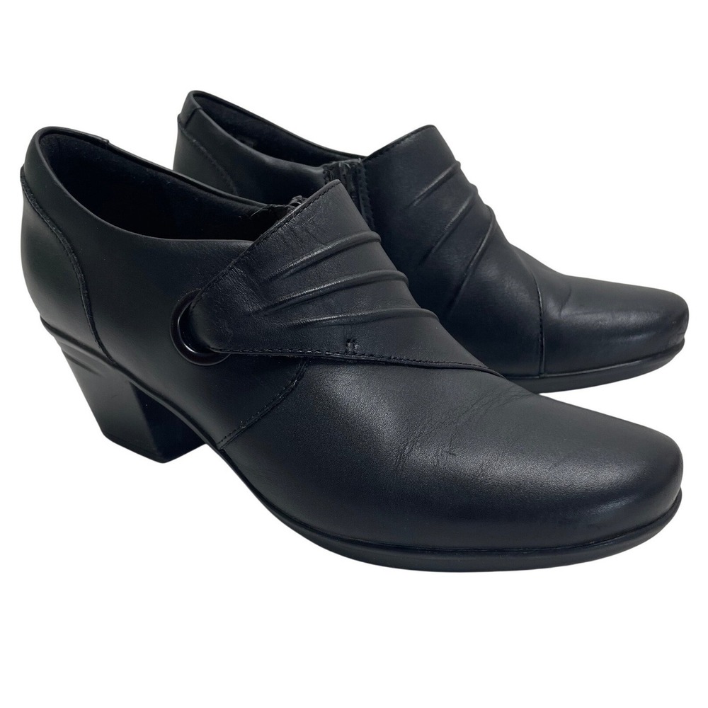 Clarks Black Leather Pleated Bootie Heel‎ 9 Emslie Warren Comfort Ankle Side Zip